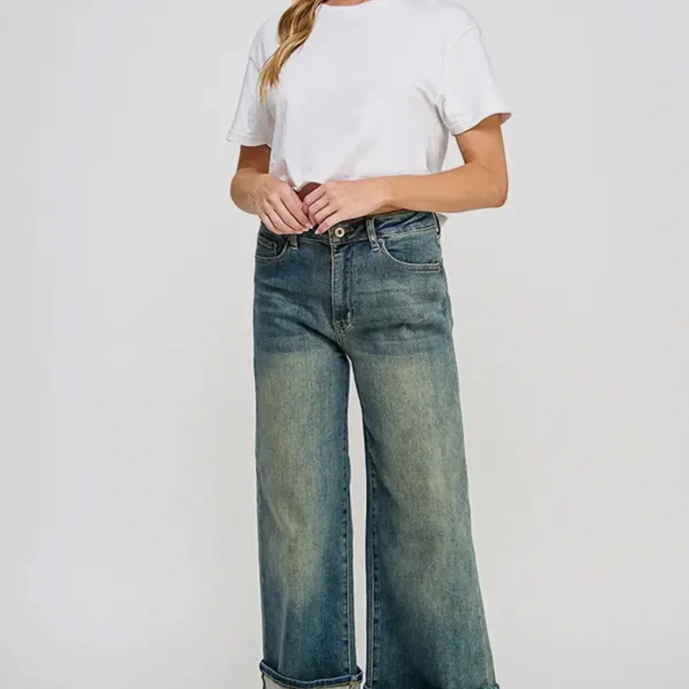 Classic Dark Denim Wide Leg Semi Straight Women's Jeans - Picture 2 of 6